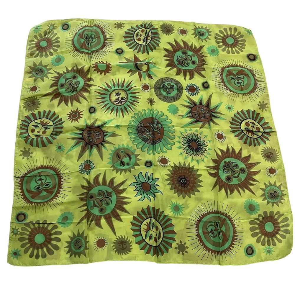 Vtg Celestial Sun Bandana Cosmic Star Scarf Y2K Astrology Boho bandana Green 29"